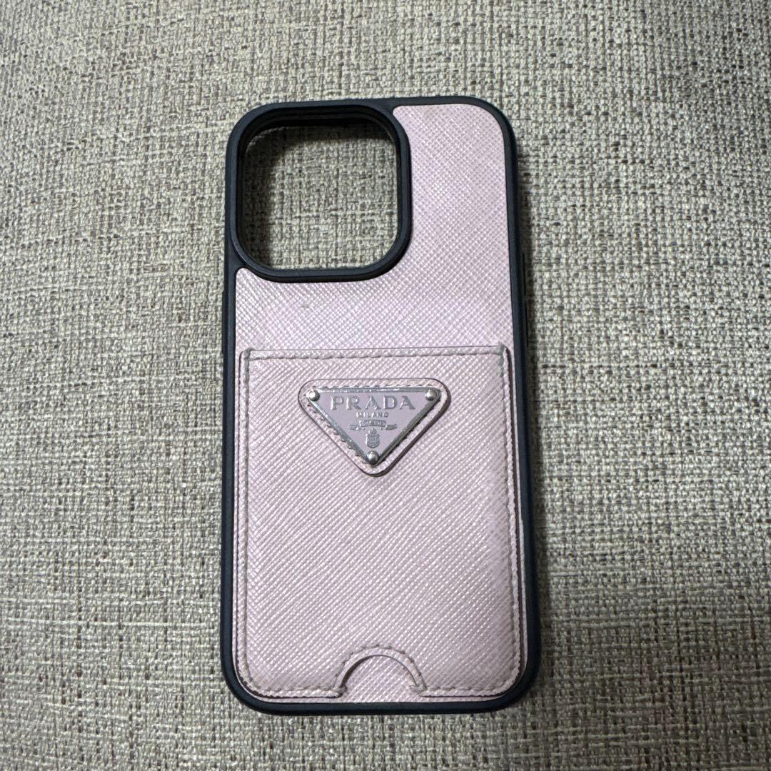 PRADA iPhoneケース 14 ピンク 三角ロゴ サフィアーノレザー