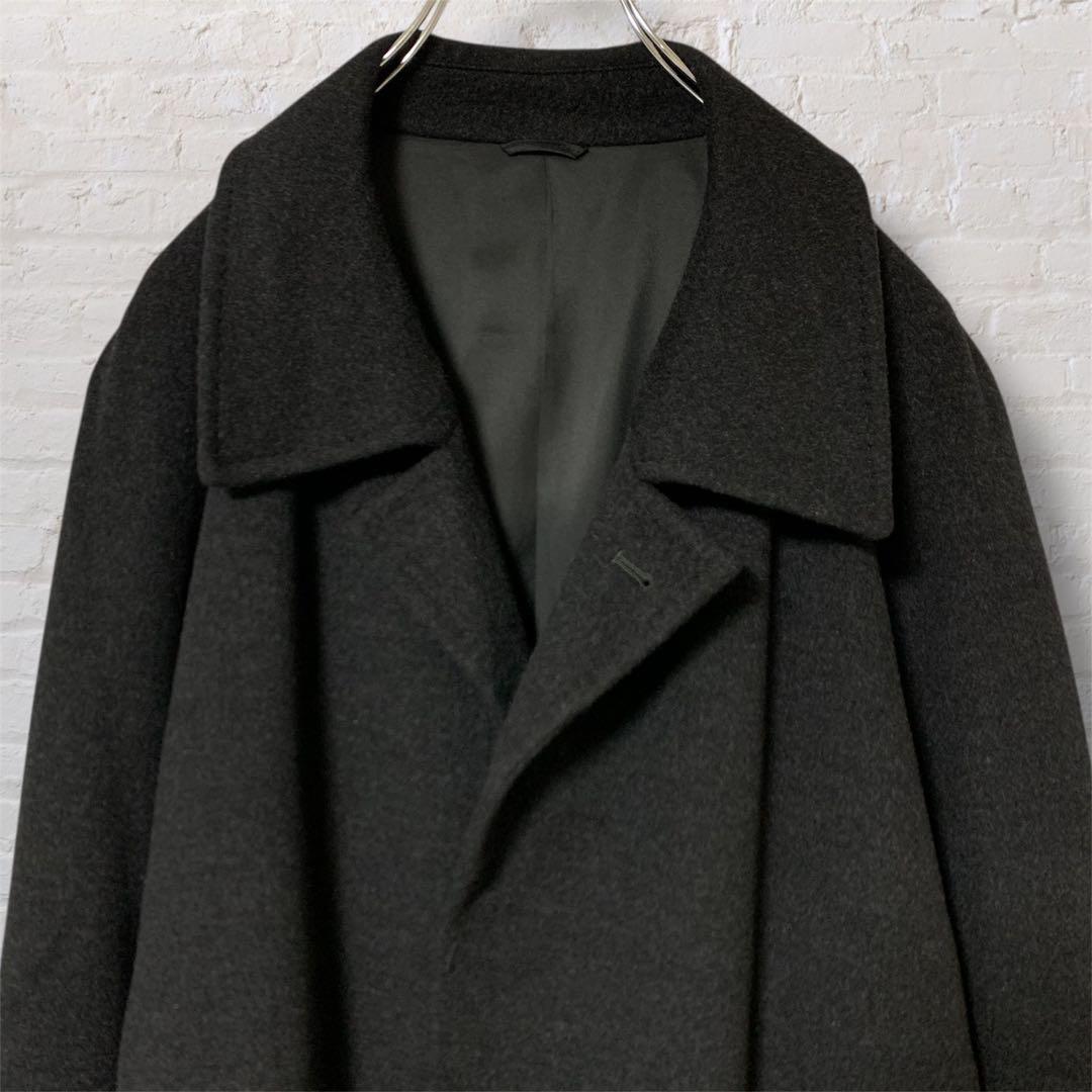 マキシ丈ステンカラーコート　ブラック　ウール生地+カシミヤ混　超ロング丈