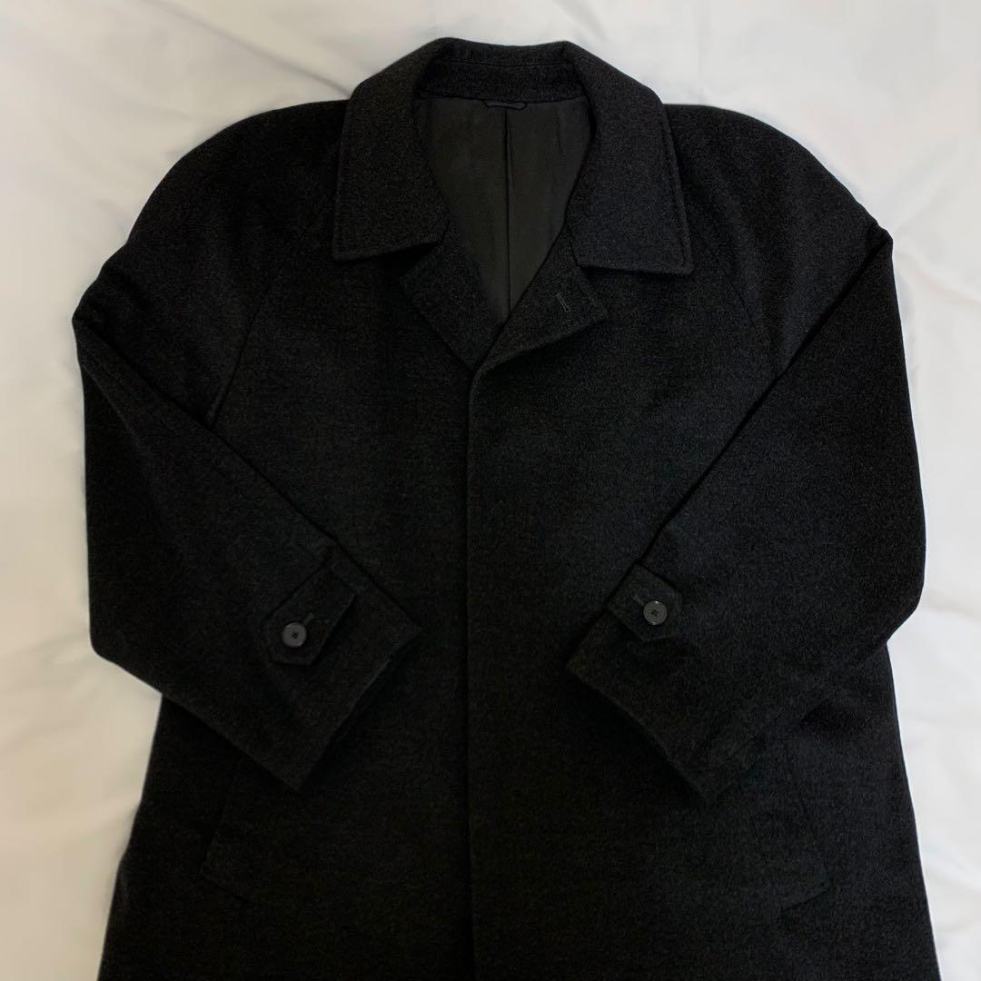 マキシ丈ステンカラーコート　ブラック　ウール生地+カシミヤ混　超ロング丈
