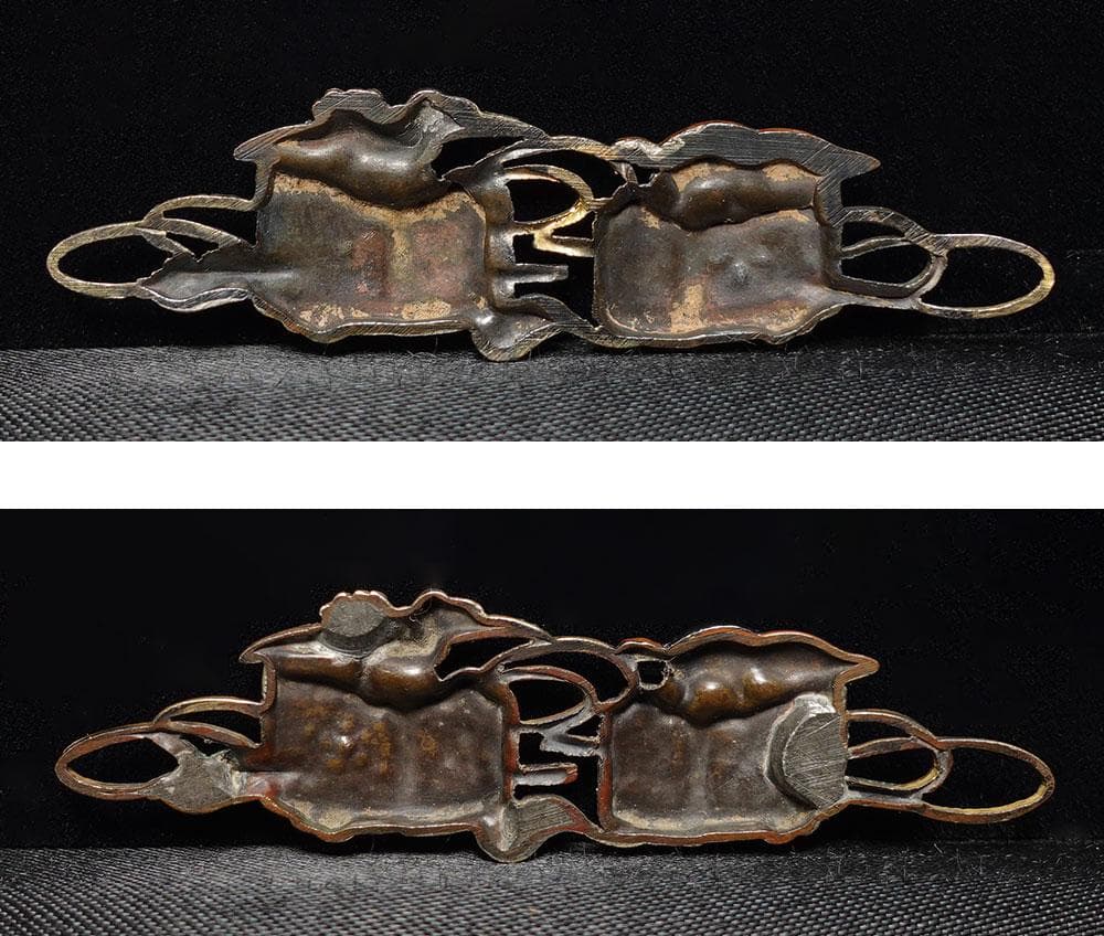 際端銘一芳 四分一地容彫蓬莱香炉図目貫 金象嵌銘