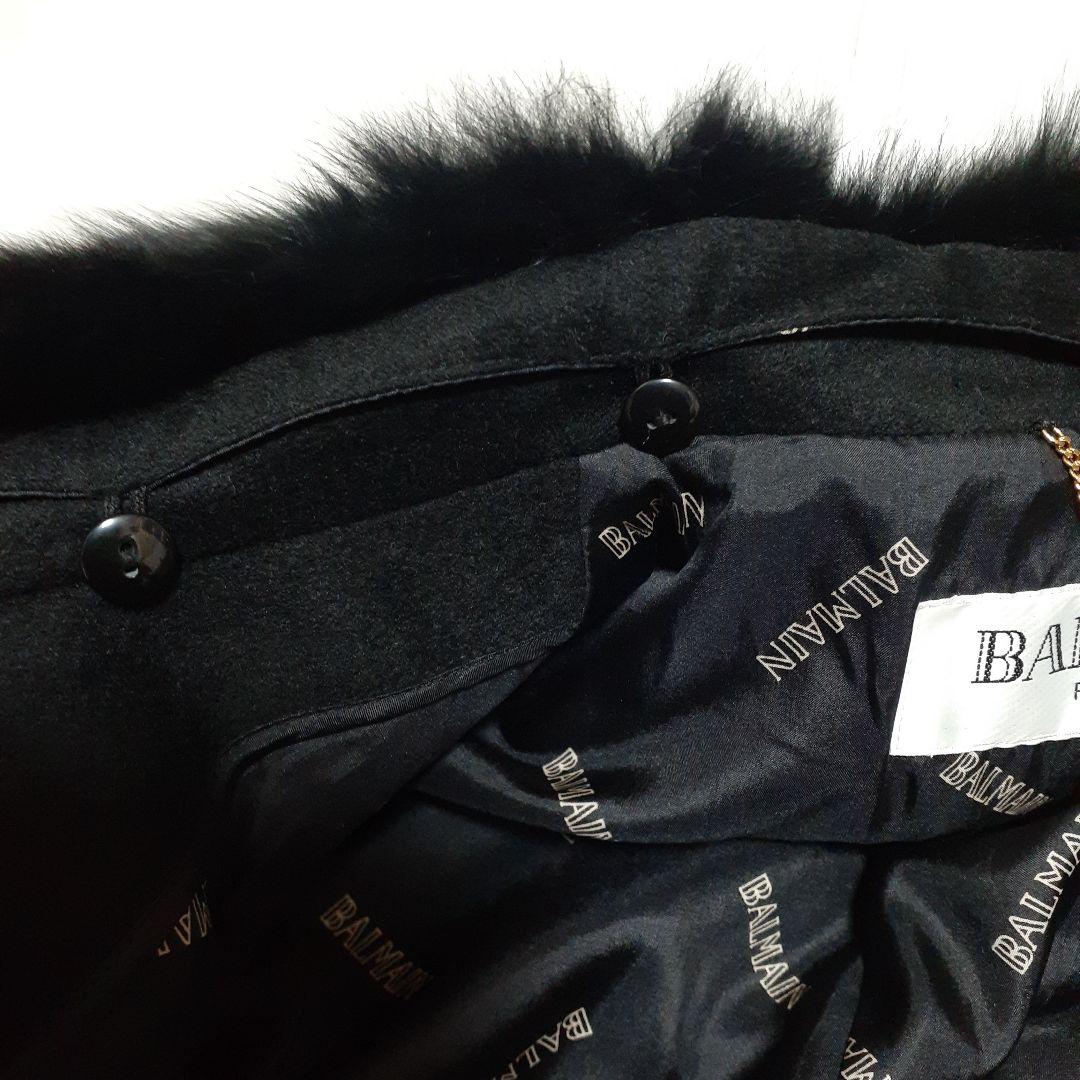 BALMAIN ロングコート ファー付き、色ブラック、　サイズ９