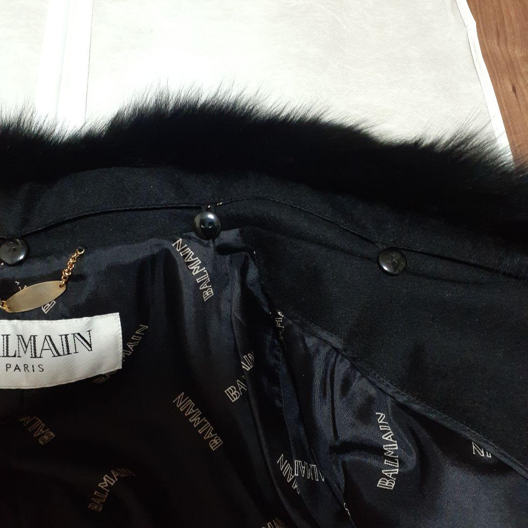 BALMAIN ロングコート ファー付き、色ブラック、　サイズ９