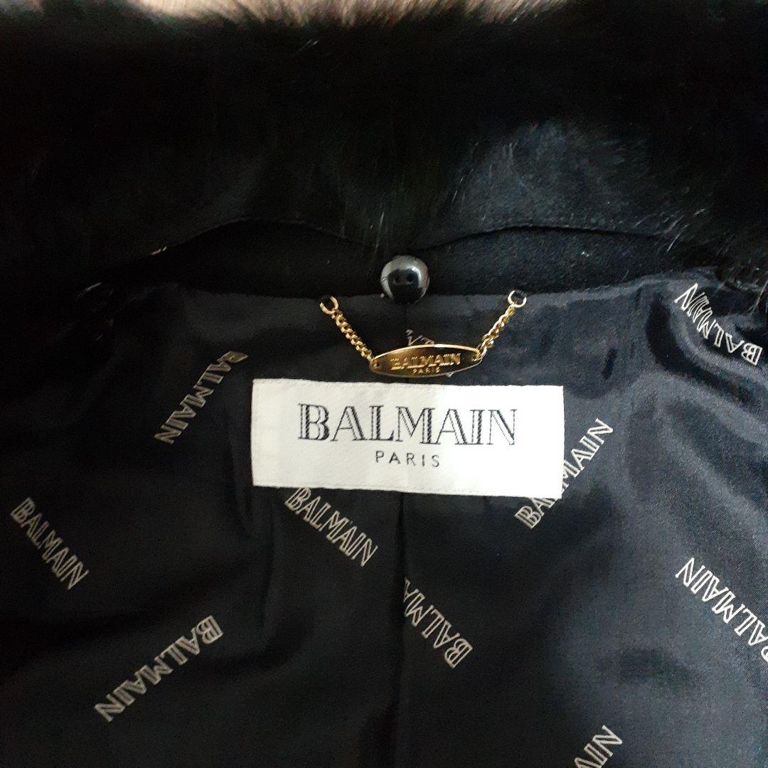 BALMAIN ロングコート ファー付き、色ブラック、　サイズ９