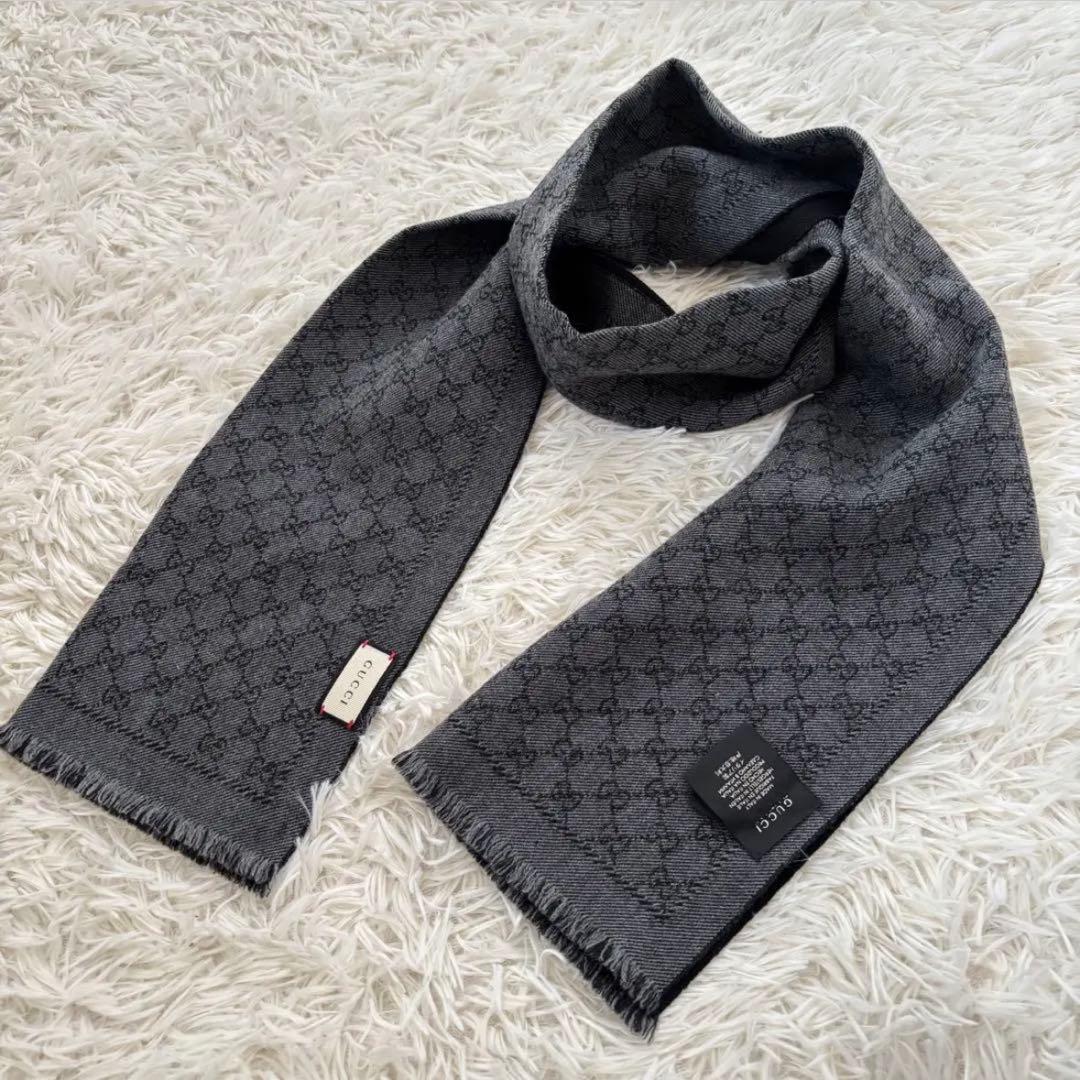 GUCCI グッチ GG リバーシブル ウール マフラー グレー ブラック
