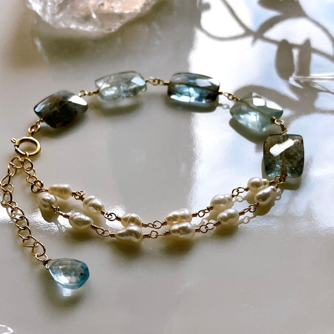 みっちゃん様専用◇レクタングルモスアクアマリン×淡水パールブレスレット