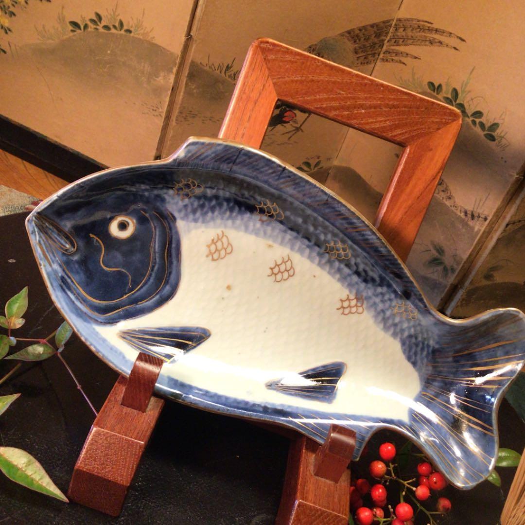 A 378 古伊万里 元禄 染付 金彩 鯛皿 変形魚型皿 1客 - メルカリ