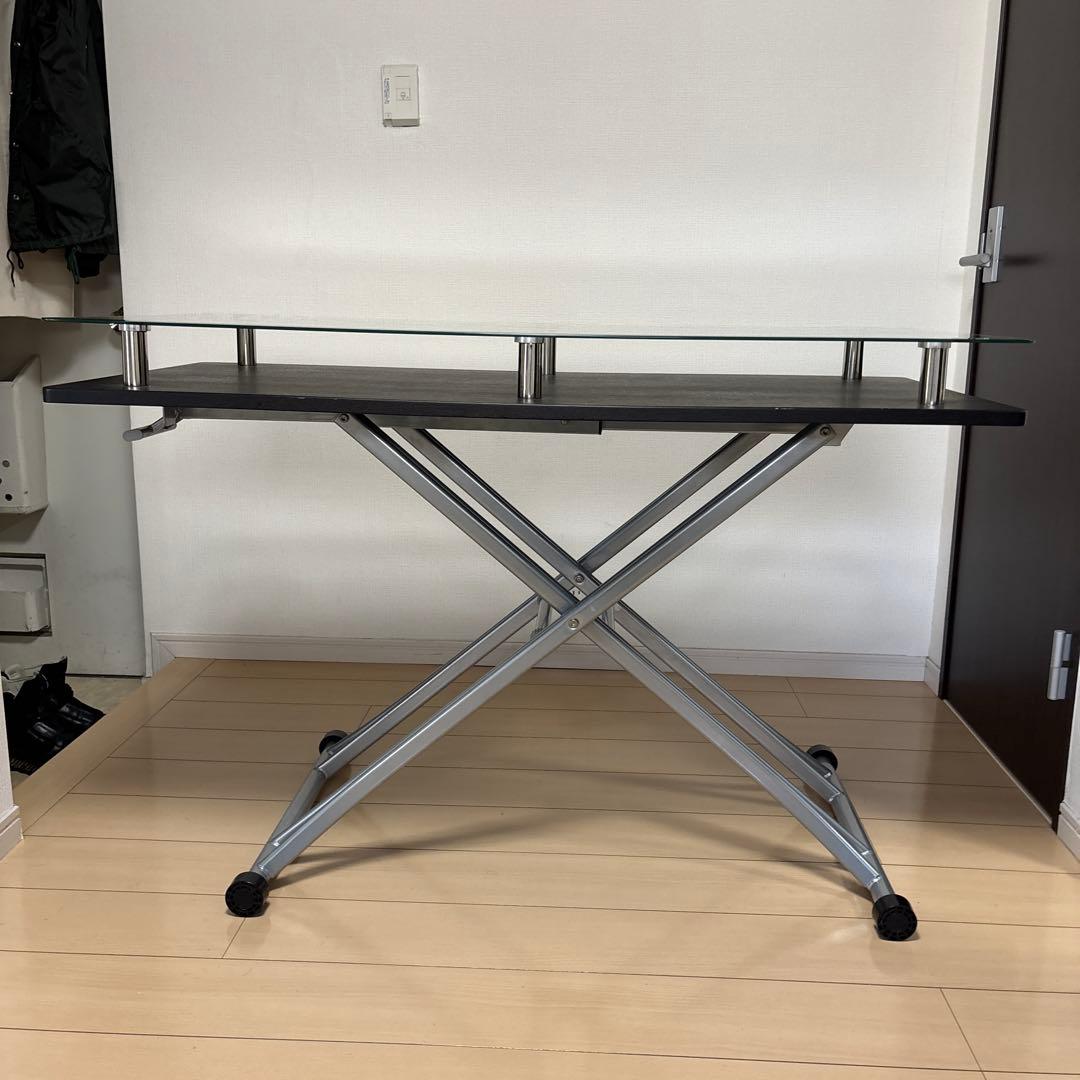 昇降デスク　二重天板　ガラストップ