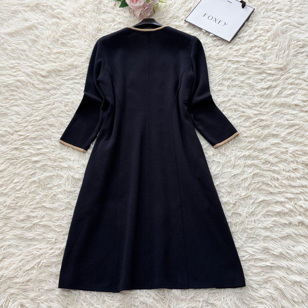 フォクシー ウール100%ダブルボタンパイピングフレアワンピース 紺 L
