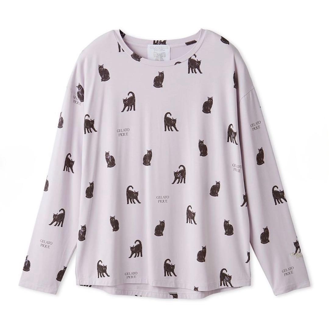 ジェラートピケ CAT総柄ロンT ロングパンツ 上下セットアップ 猫