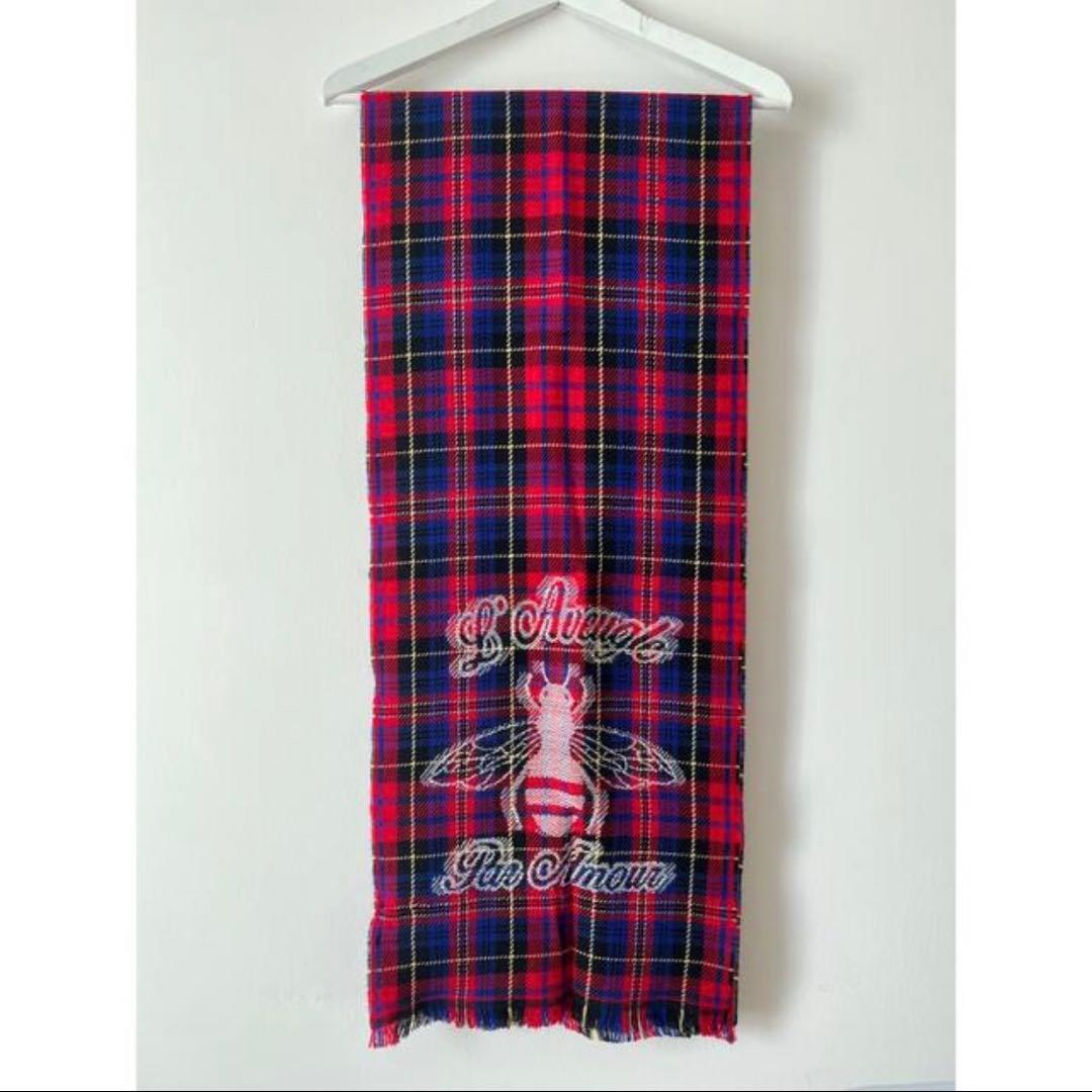 GUCCI グッチウール100% ピンク系チェックストール 38x180cm