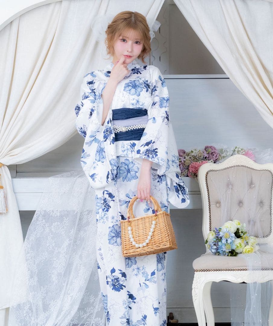 浴衣ワンピース2way水彩ニュアンスブルーフラワーゆかた3点