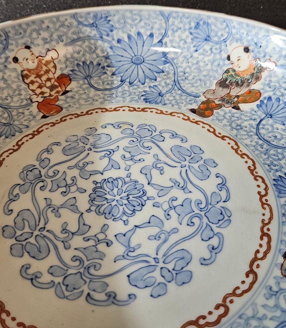大名品❗】江戸時代　古伊万里　染錦　 唐草文に金彩色絵唐子図　31.2cm大鉢