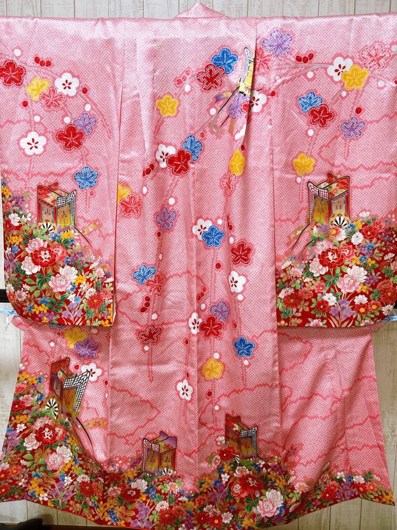 ピンク鹿の子柄♡七五三　7歳　女の子　フルセット　一式　パール付帯締め　ゴールド