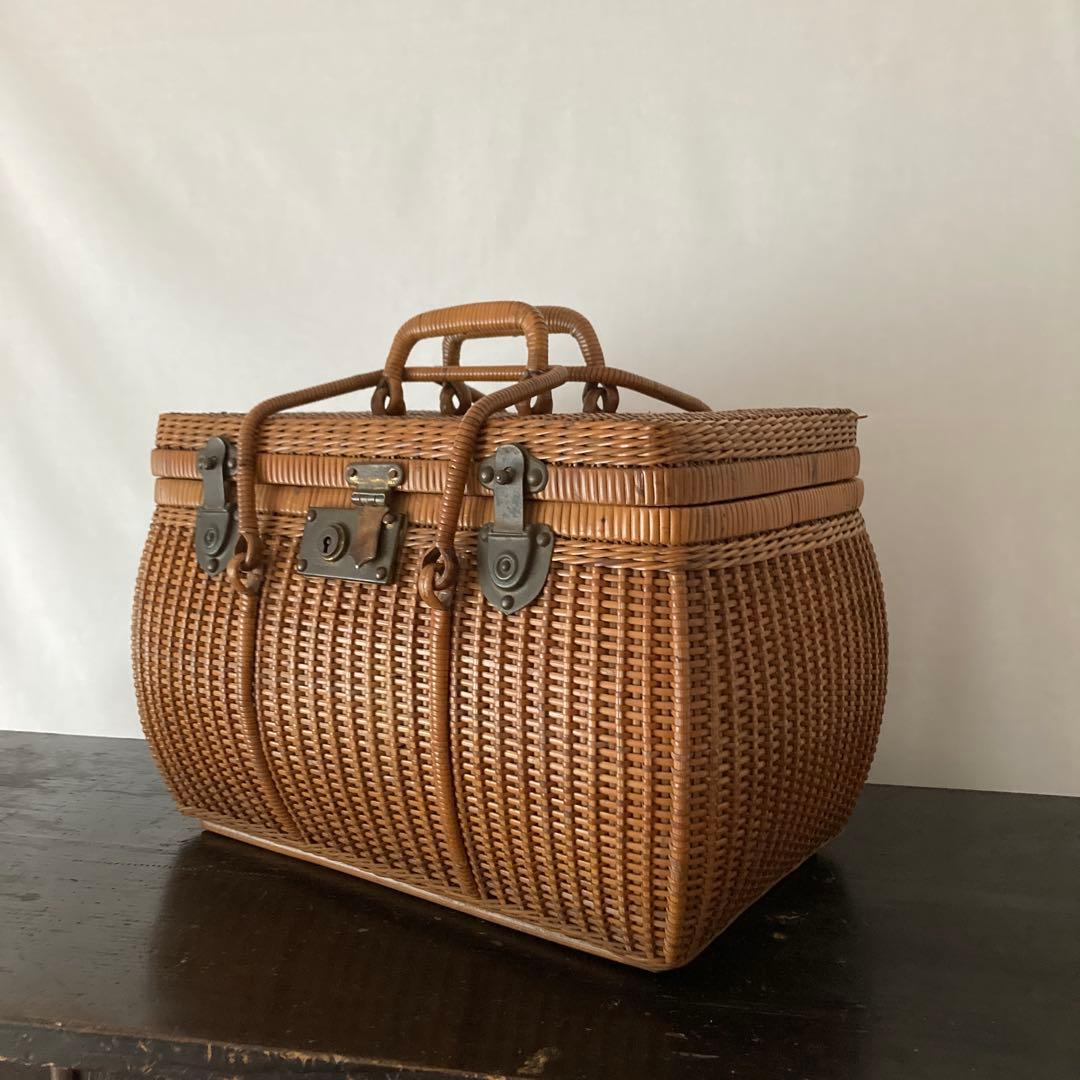 煎茶籠　籐カゴ　アンティーク　ラタン　バスケット　古道具　編み籠