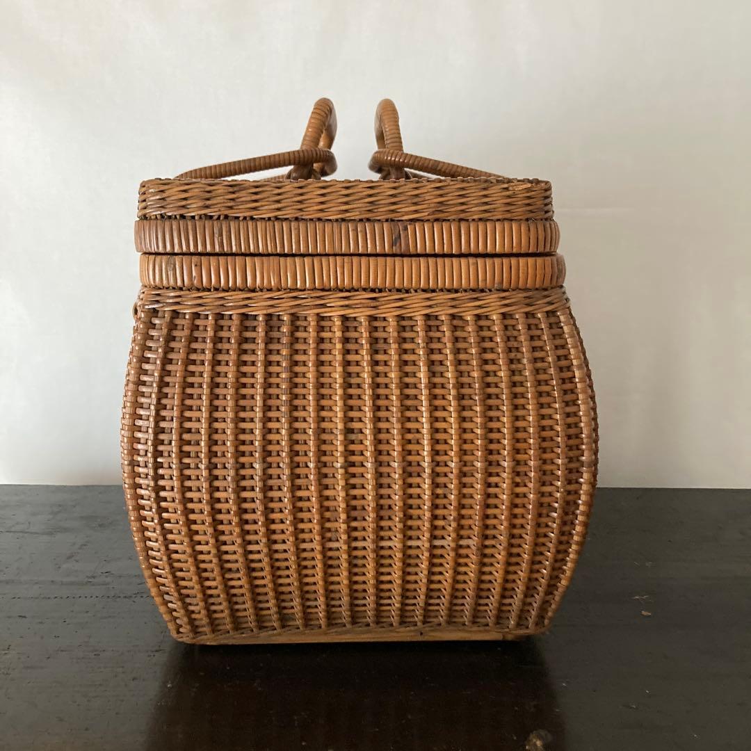 煎茶籠　籐カゴ　アンティーク　ラタン　バスケット　古道具　編み籠