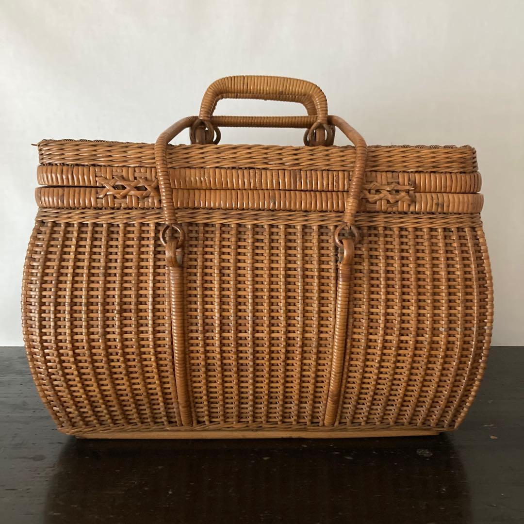 煎茶籠　籐カゴ　アンティーク　ラタン　バスケット　古道具　編み籠