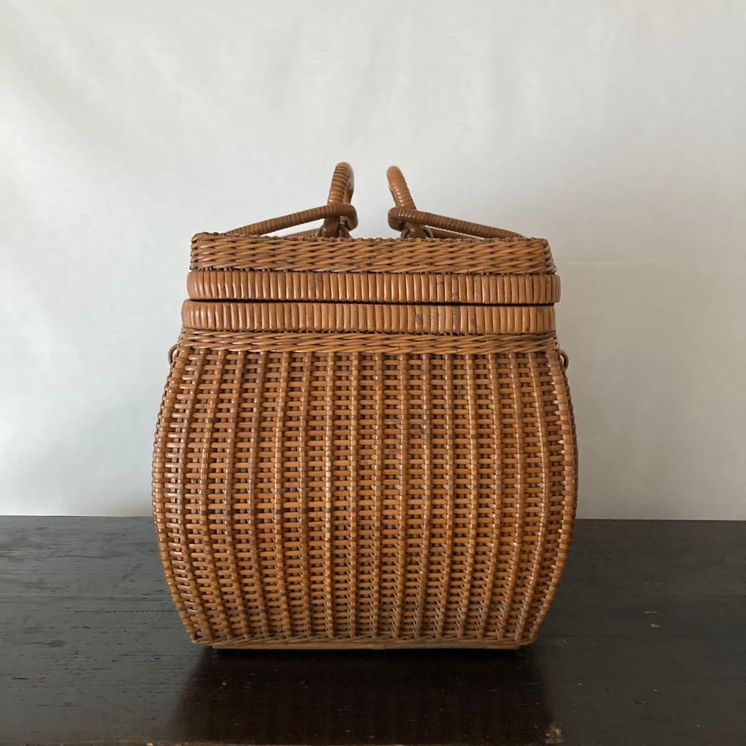 煎茶籠　籐カゴ　アンティーク　ラタン　バスケット　古道具　編み籠