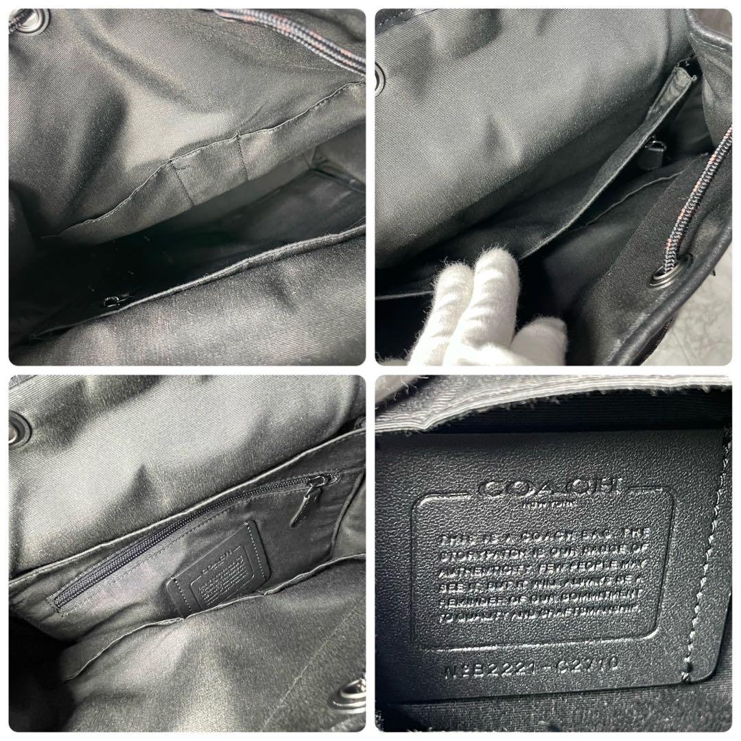 ★コーチ　リュック　オールレザー　フラップ　シルバー金具　型押しロゴ　ブラック