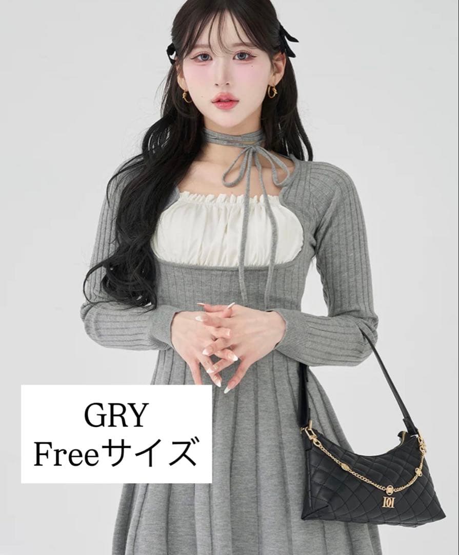 Darich ダーリッチ ネックリボンデザインフレアニットミニワンピース