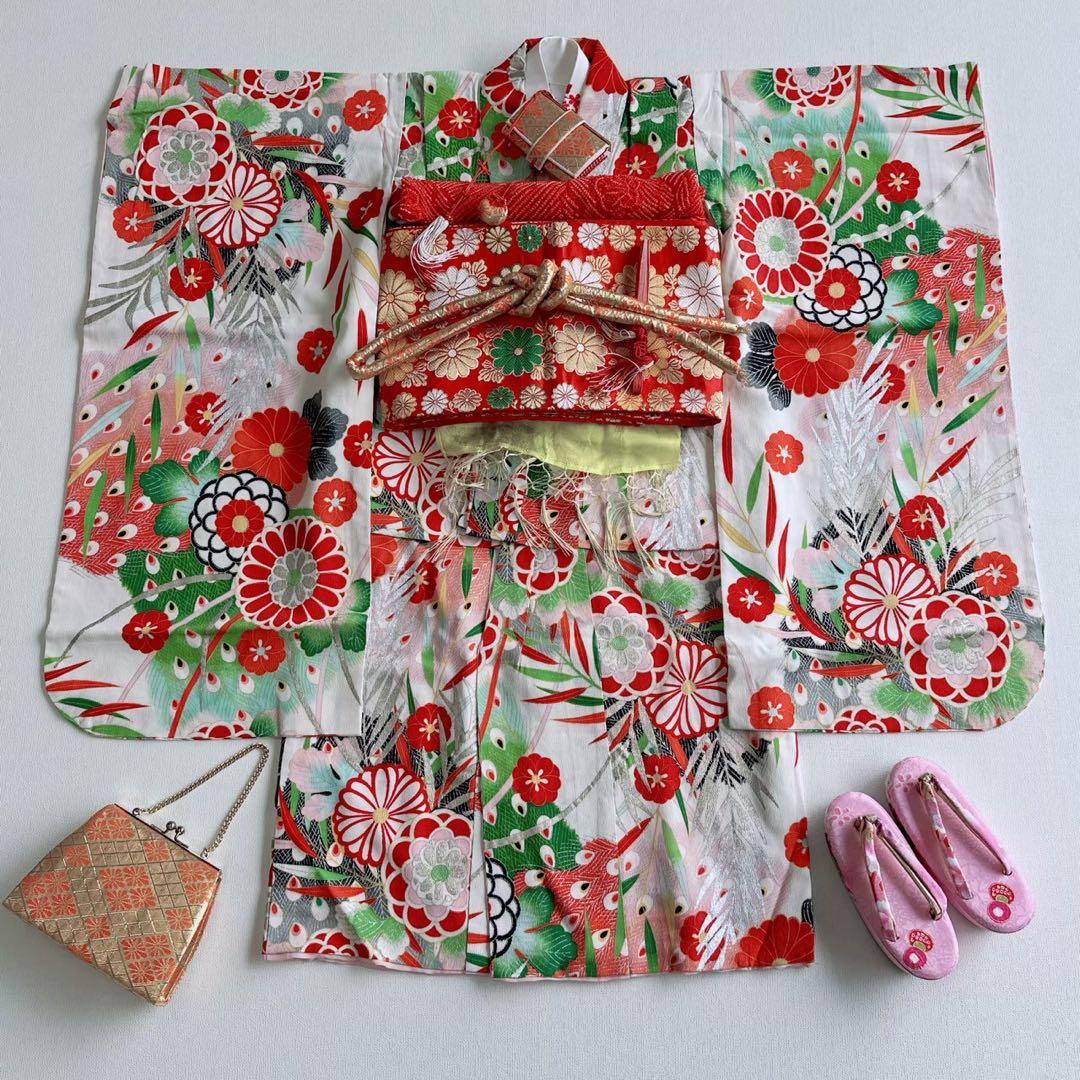 昭和レトロ フルセット 七五三 7歳 女の子 孔雀羽 赤袋帯 簡単半衿