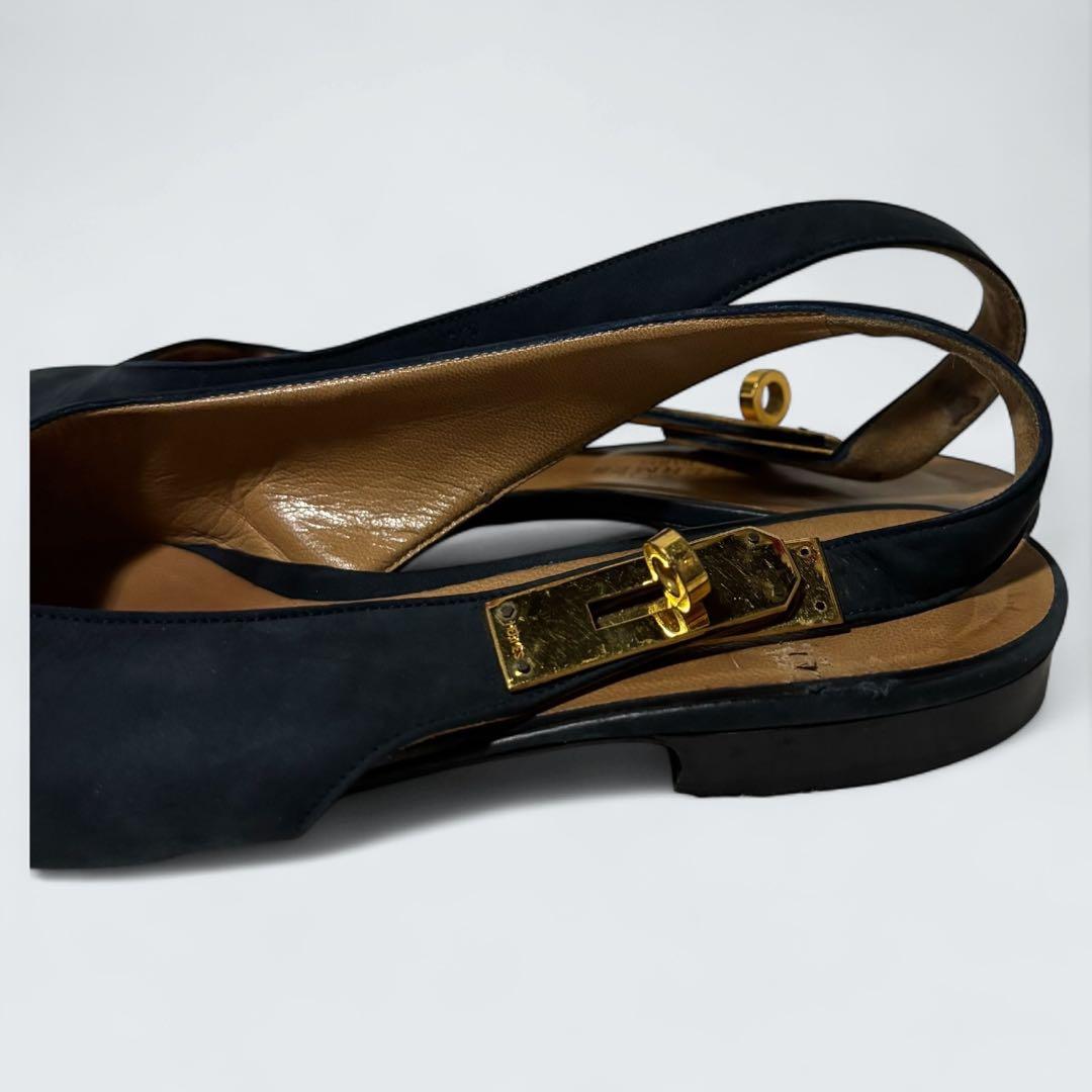 ケリー　HERMES ミュール　カデナ　フラットパンプス　24 濃紺　スエード