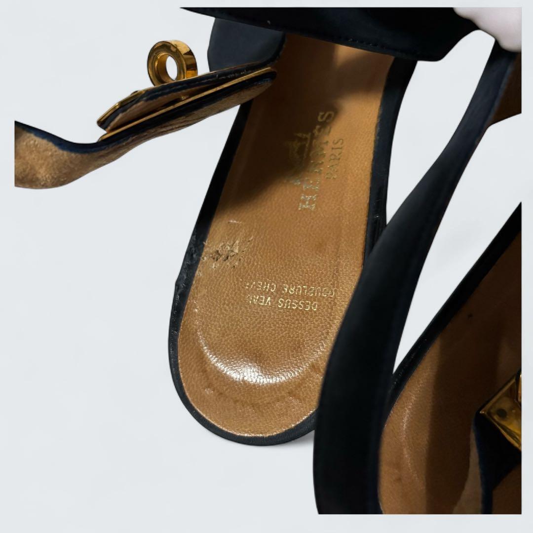 ケリー　HERMES ミュール　カデナ　フラットパンプス　24 濃紺　スエード