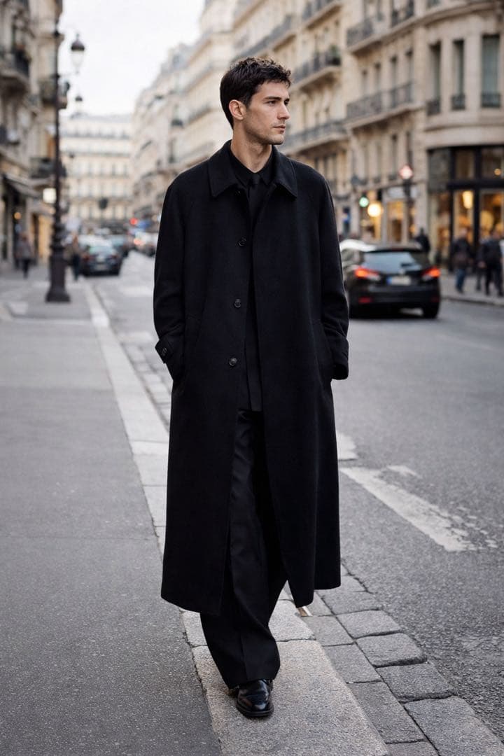 しつけ糸付き カシミヤ100% 黒 ロング 比翼 ミニマル バルマカーン L