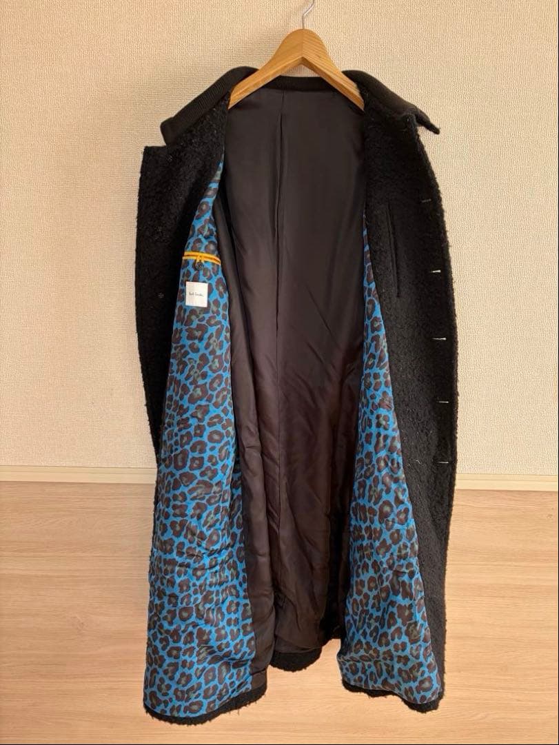 ポールスミス レオパード裏地 ボアコート 黒 ベルト付きウールロングコート