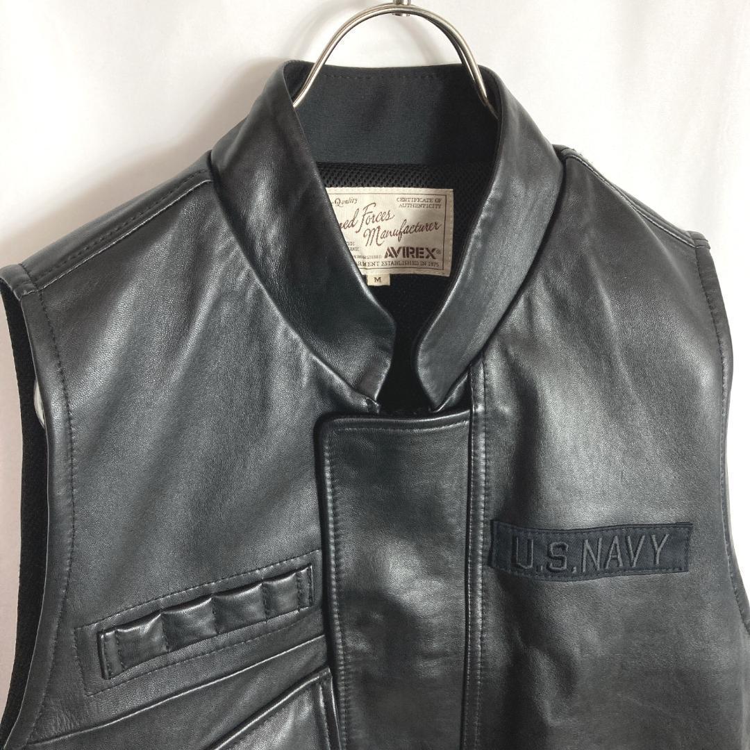 美品 アヴィレックス AVIREX ラムレザー コンバットベスト本革 黒色M