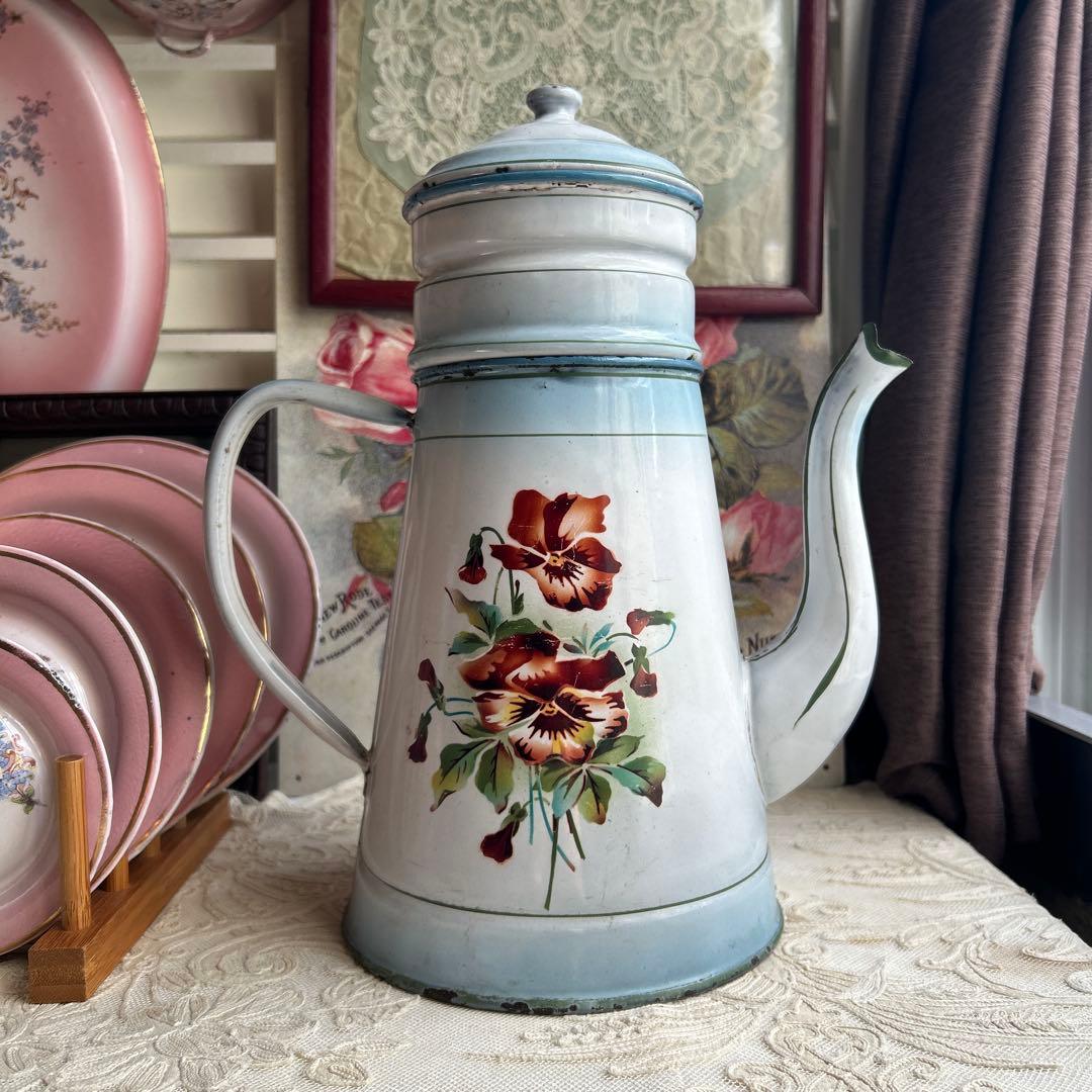 フランスアンティーク　Japy トリプルパンジー　ホーローポット