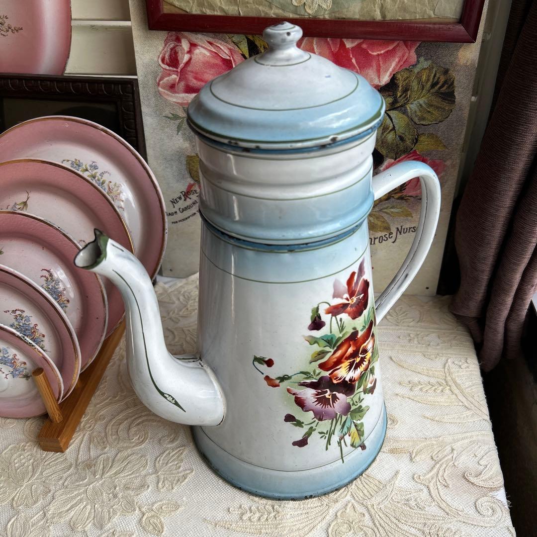 フランスアンティーク　Japy トリプルパンジー　ホーローポット