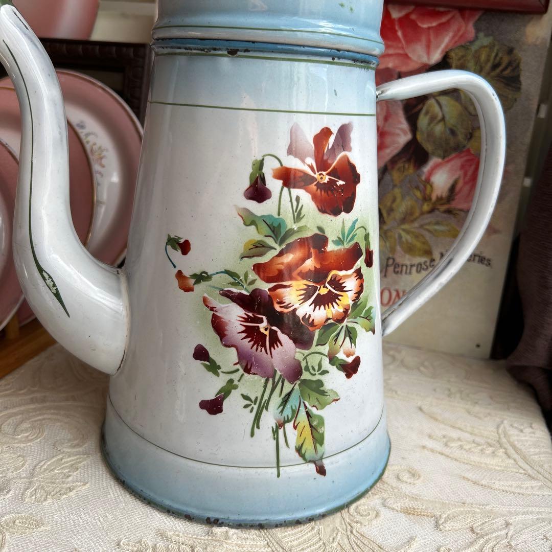 フランスアンティーク　Japy トリプルパンジー　ホーローポット