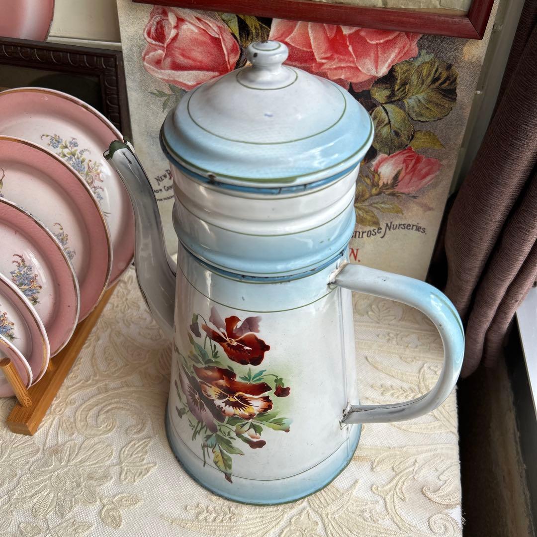 フランスアンティーク　Japy トリプルパンジー　ホーローポット