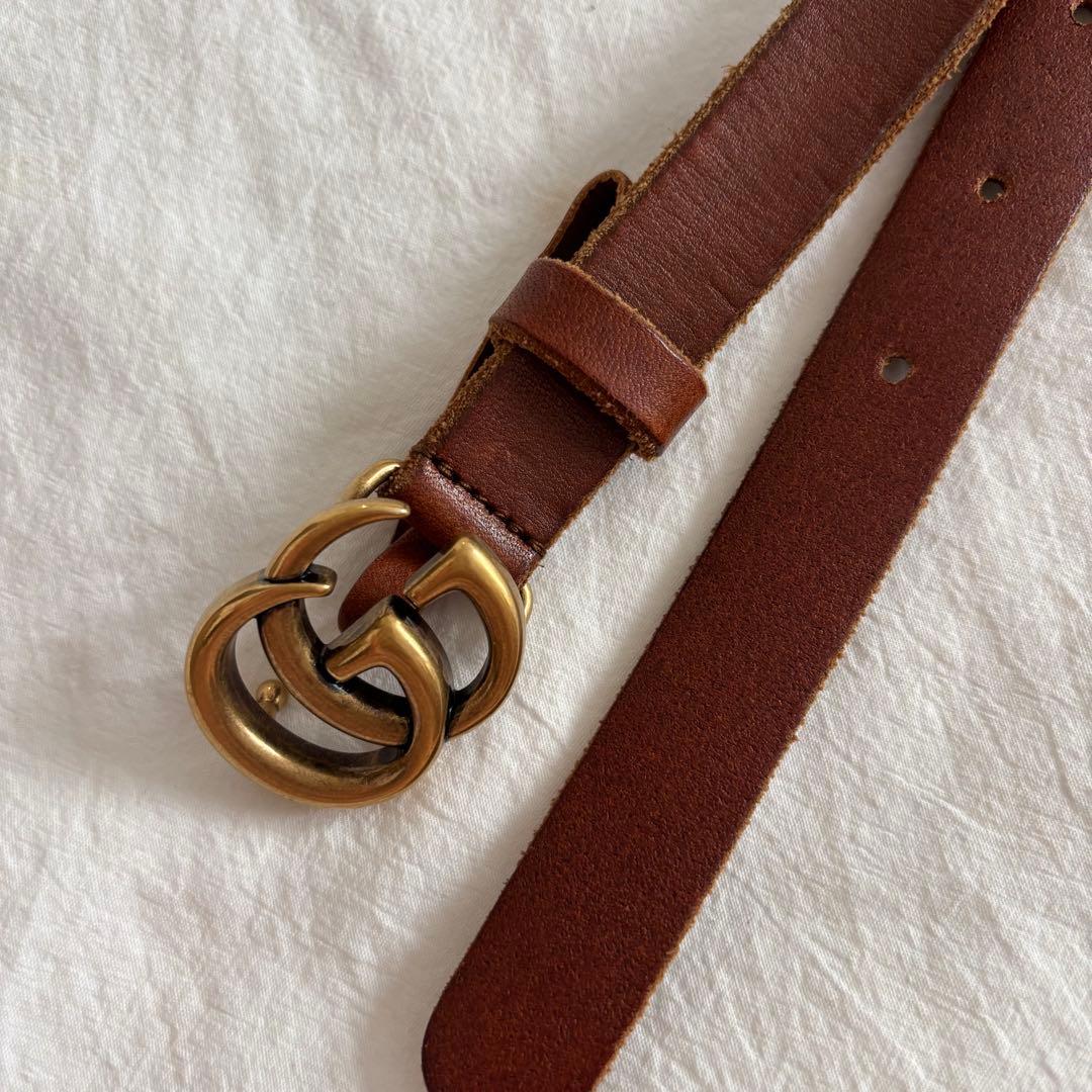GUCCI 本革 ダブルGバックルレザーベルト GGロゴ ブラウンレザーベルト