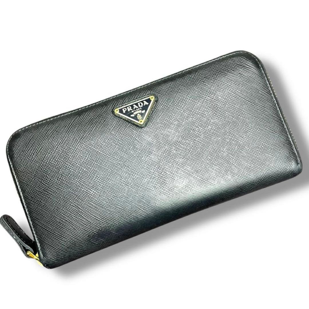 高級】PRADA プラダ ラウンドジップ 長財布 レザー 黒 三角ロゴ