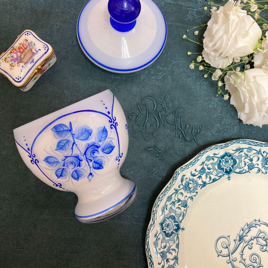 ♪フランスアンティーク ガラスの青い花のキャンディボックス キャニスター小物入れ