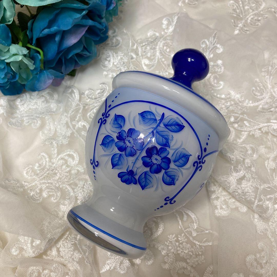 ♪フランスアンティーク ガラスの青い花のキャンディボックス キャニスター小物入れ