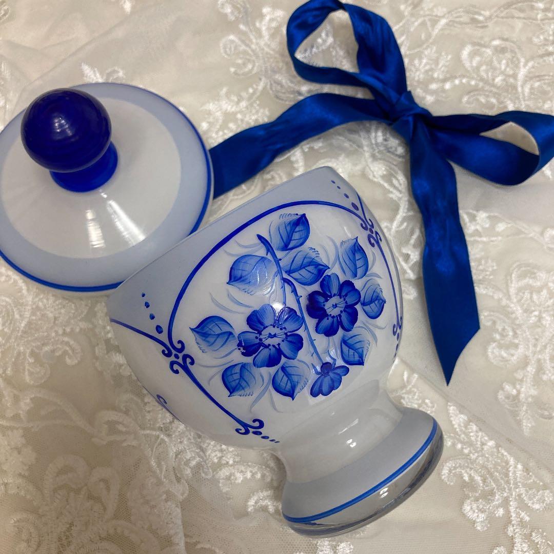 ♪フランスアンティーク ガラスの青い花のキャンディボックス キャニスター小物入れ
