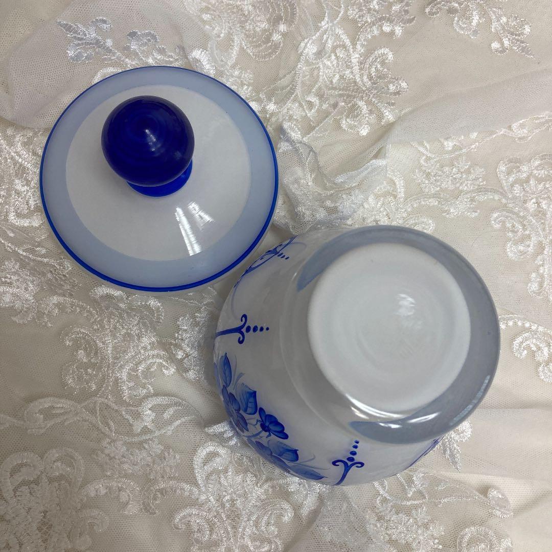 ♪フランスアンティーク ガラスの青い花のキャンディボックス キャニスター小物入れ