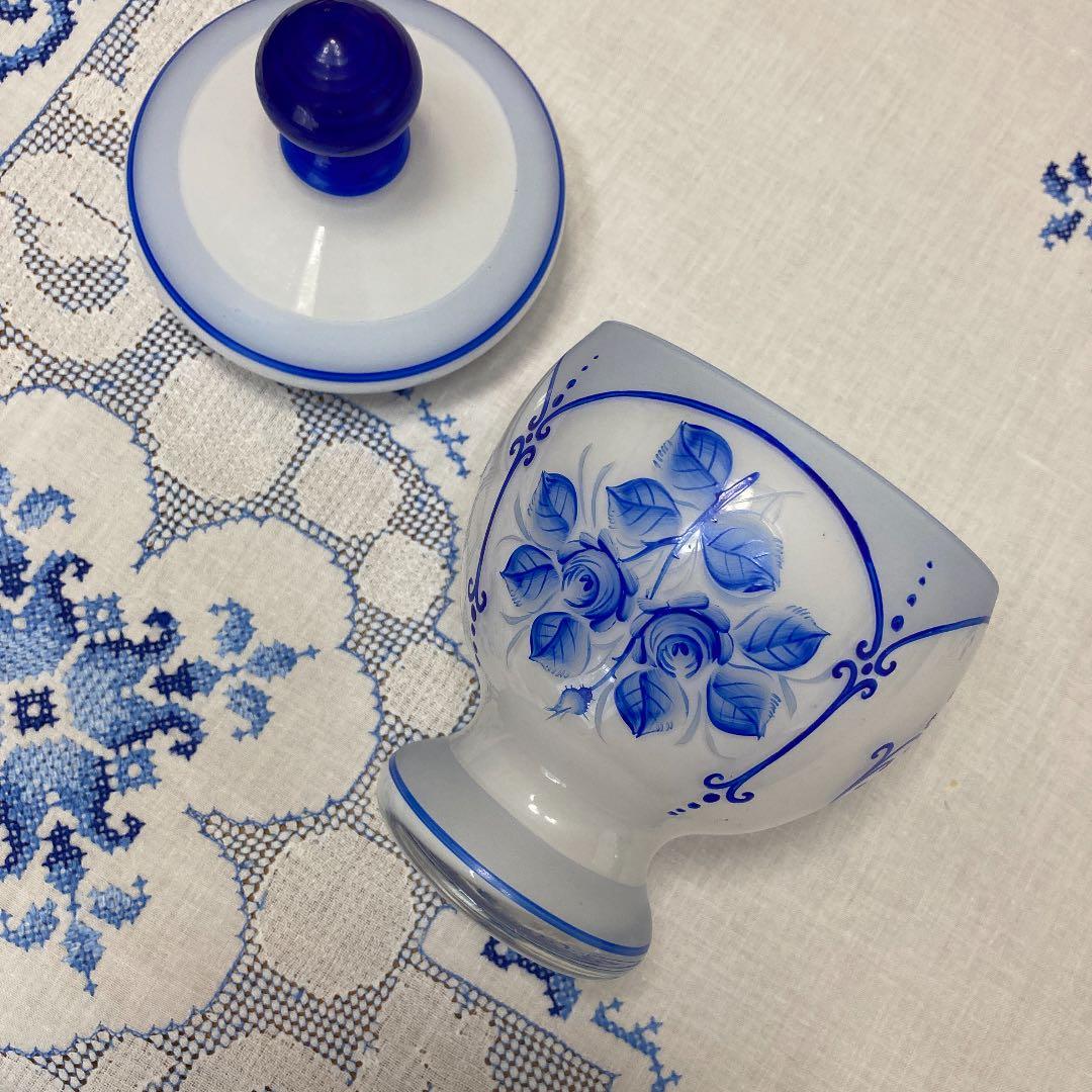♪フランスアンティーク ガラスの青い花のキャンディボックス キャニスター小物入れ