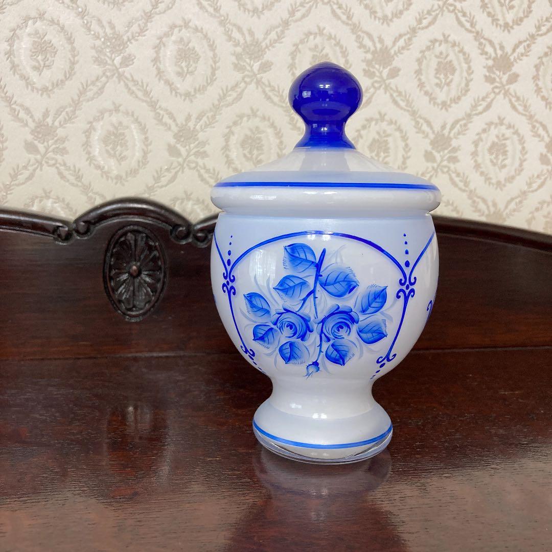 ♪フランスアンティーク ガラスの青い花のキャンディボックス キャニスター小物入れ