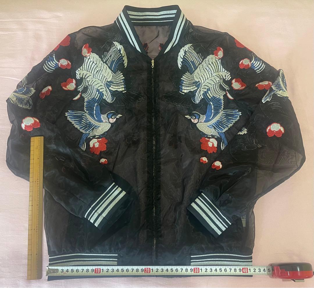 Ochirly(L)透けるスカジャンTATOO柄,春夏軽い,未使用に近い男女兼用