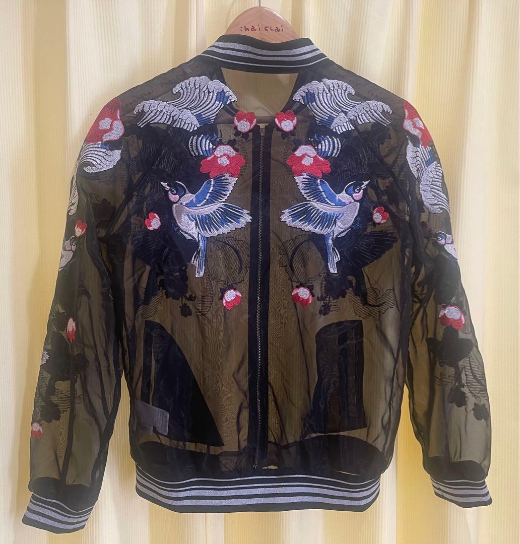 Ochirly(L)透けるスカジャンTATOO柄,春夏軽い,未使用に近い男女兼用