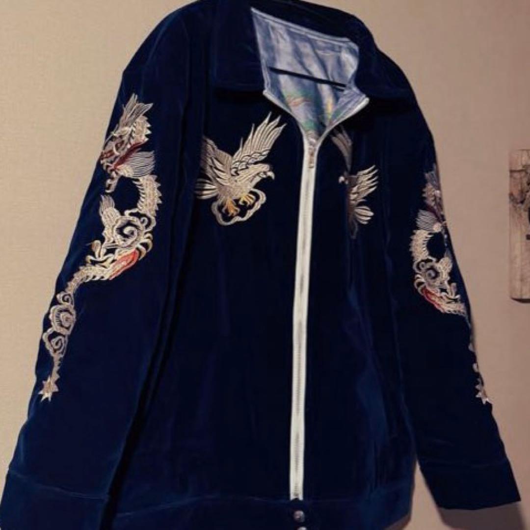 中綿ブルゾン】刺繍ドラゴンと鷲のベルベットジャンパー ネイビーXXL