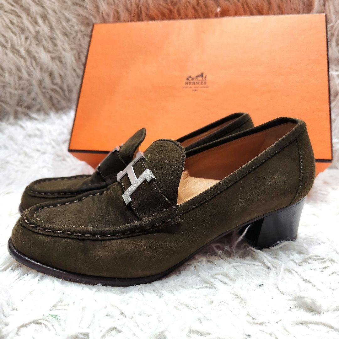 エルメス❣️ローファー　23.5cm　コンスタンス　Hバックル　スエード　カーキ