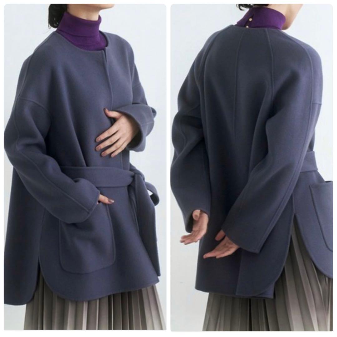 近年✨アナイ シャルムリバーケープコート ノーカラーコート ベルト ウール 38