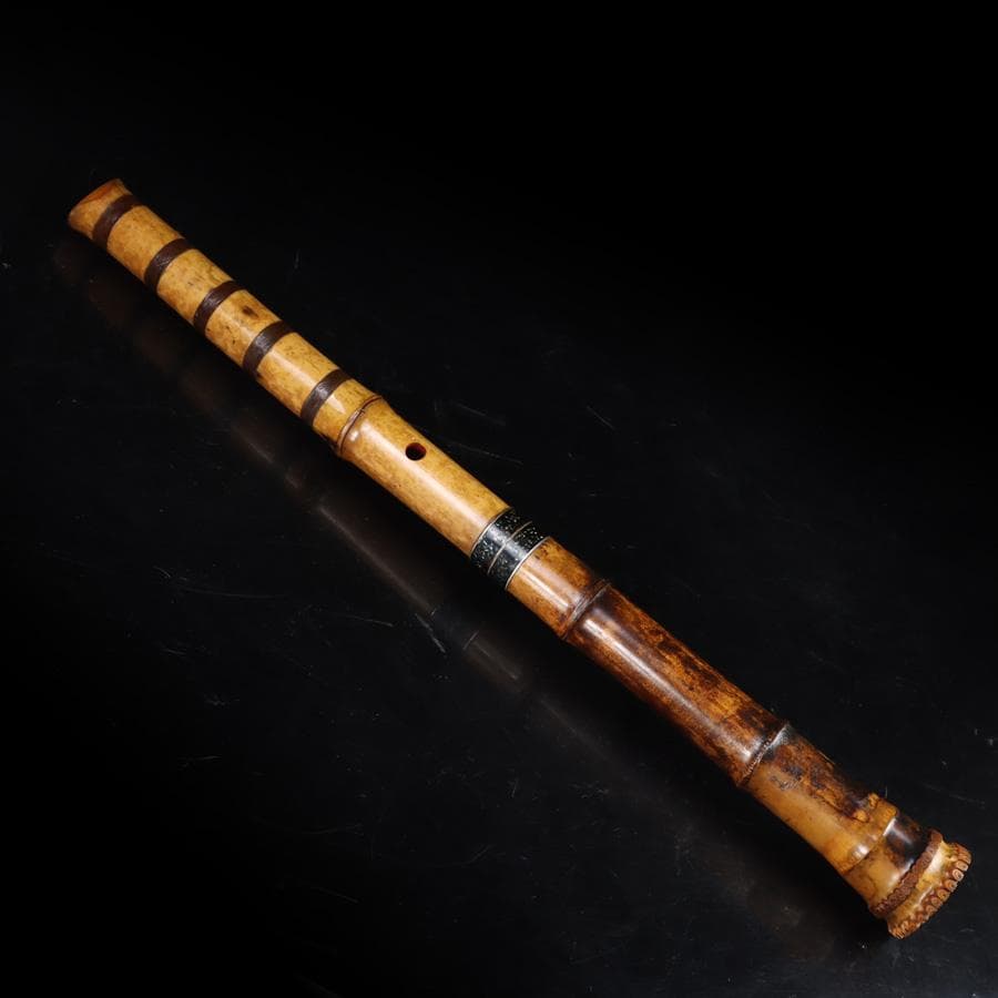 Y3273-5 琴古流 尺八 隆風銘 銀三線 螺鈿細工 全長61.5㎝ 竹製