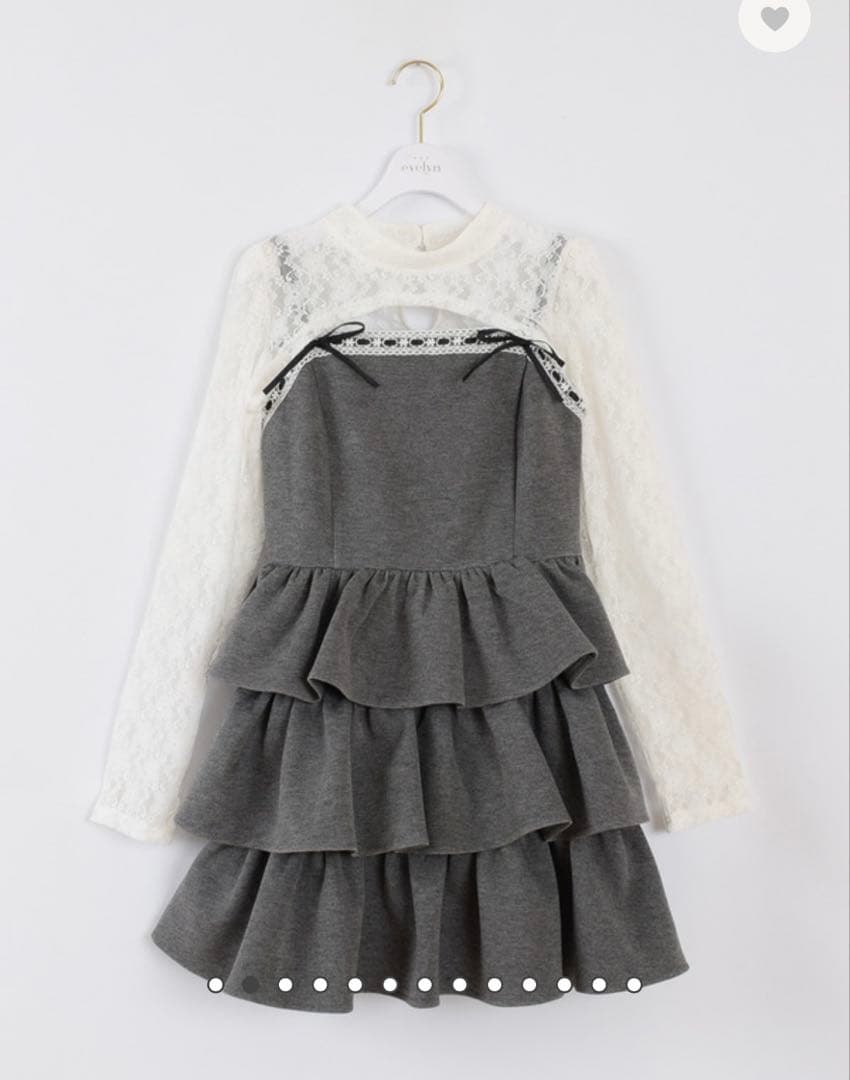 evelyn レース付きティアードミニOP ワンピース チャコール