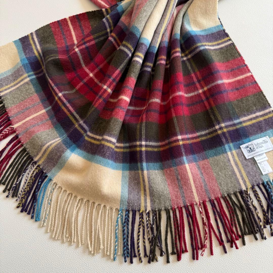 美品　ジョンストンズ　大判　ストール　マフラー　カシミヤ　チェック　グリーン
