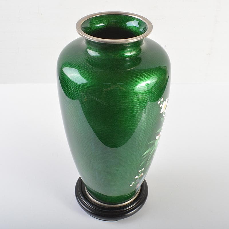 七宝焼 相互七宝造 緑光釉四君子文 七宝花瓶 唐木台付 共箱 D R6973B